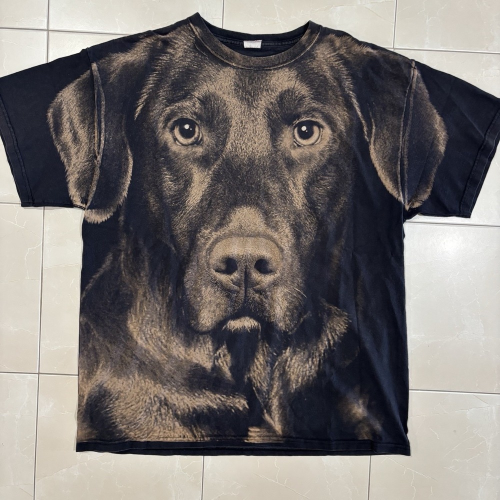 VINTAGE 90s LABRADOR BIG FACE ALL OVER PRINT BLACK COTTON T-SHIRT SZ XL DOG
